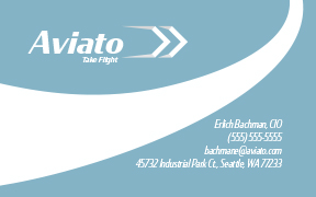 A blue business card with a swoop in the middle