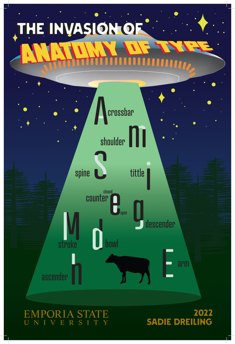 A poster depicting all the elements of type but it has the theme of a UFO abducting a cow