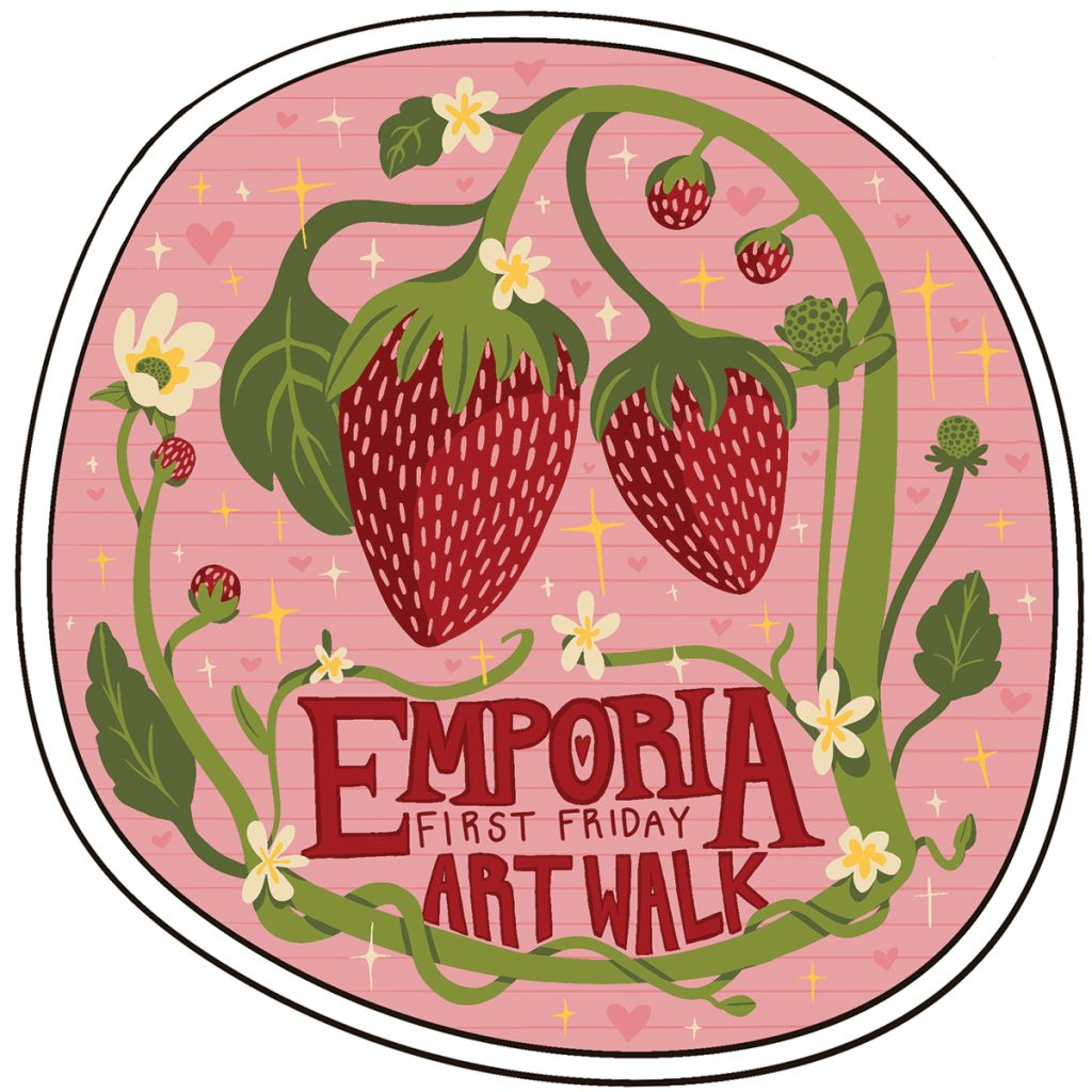 A Emporia First Friday sticker depicting strawberries