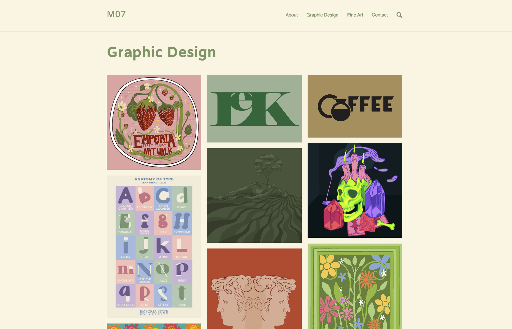 A website page depicting the works of a graphic design student
