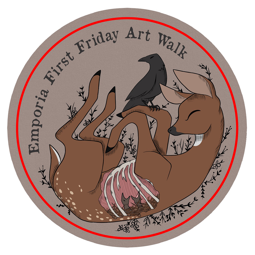 Emporia First Friday sticker depicting a fawn on its back with its ribcage showing, and a crow