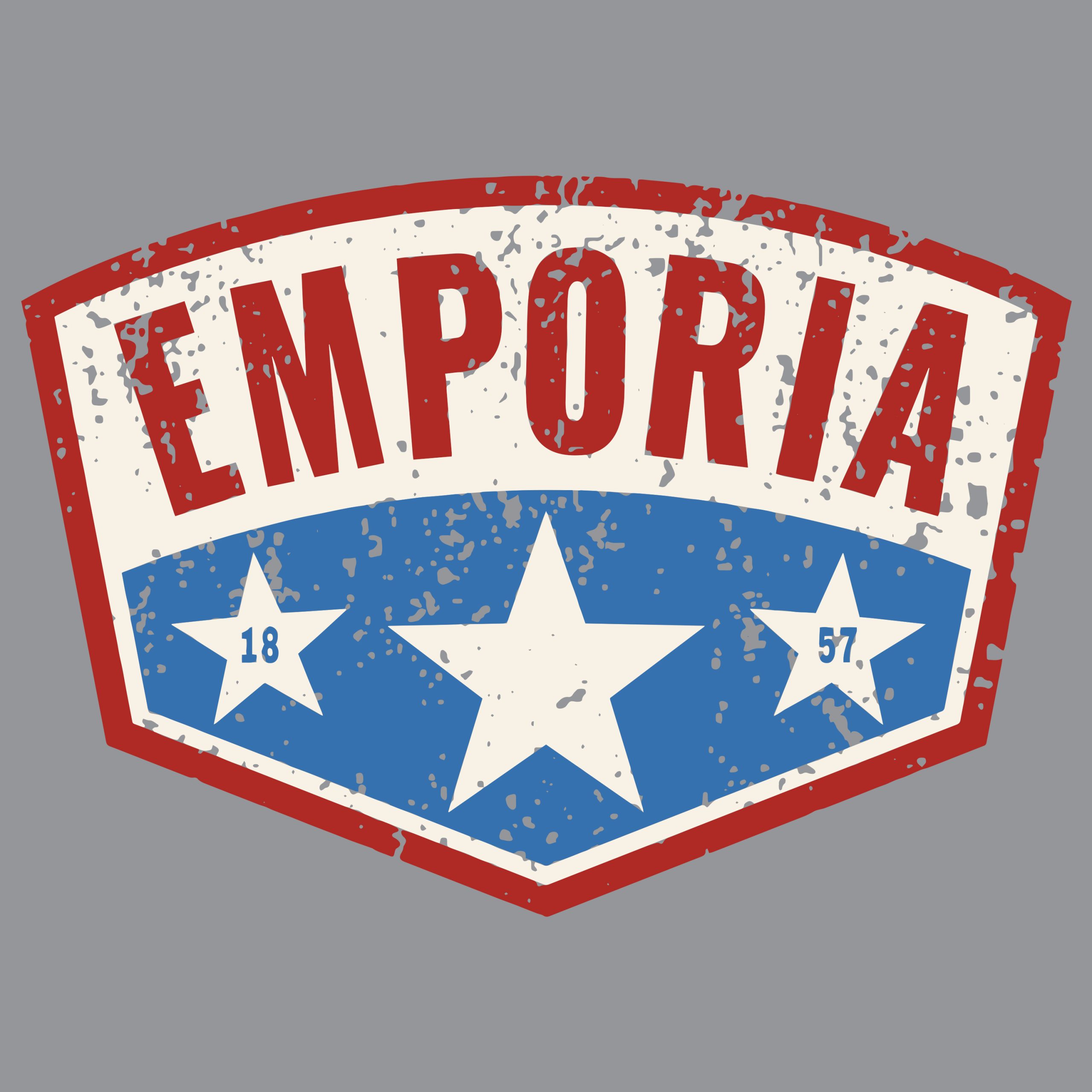 A distressed red, white and blue Emporia logo